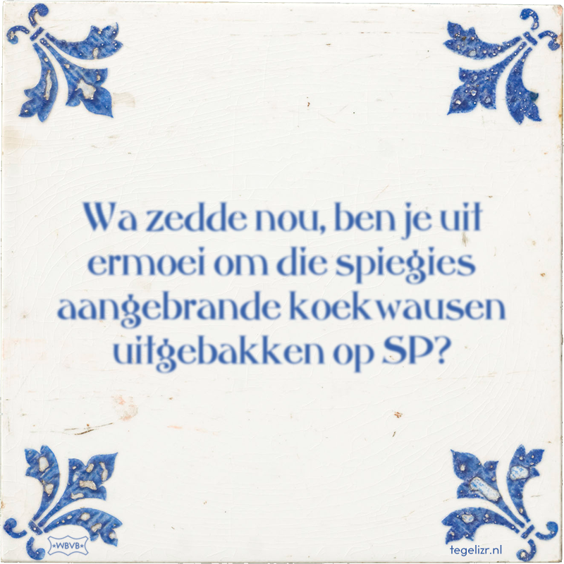 Wa zedde nou, ben je uit ermoei om die spiegies aangebrande koekwausen uitgebakken op SP? - Online tegeltjes bakken