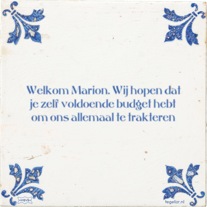Welkom Marion. Wij hopen dat je zelf voldoende budget hebt om ons allemaal te trakteren - Online tegeltjes bakken